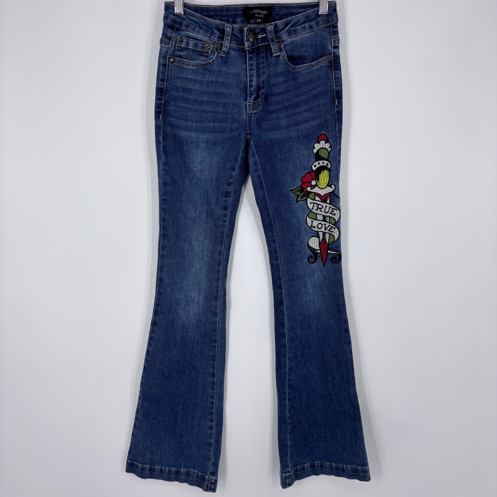 Ed Hardy Vintage Denim True Love Dagger Flare Jeans Women 24 Tattoo Graphic Blue